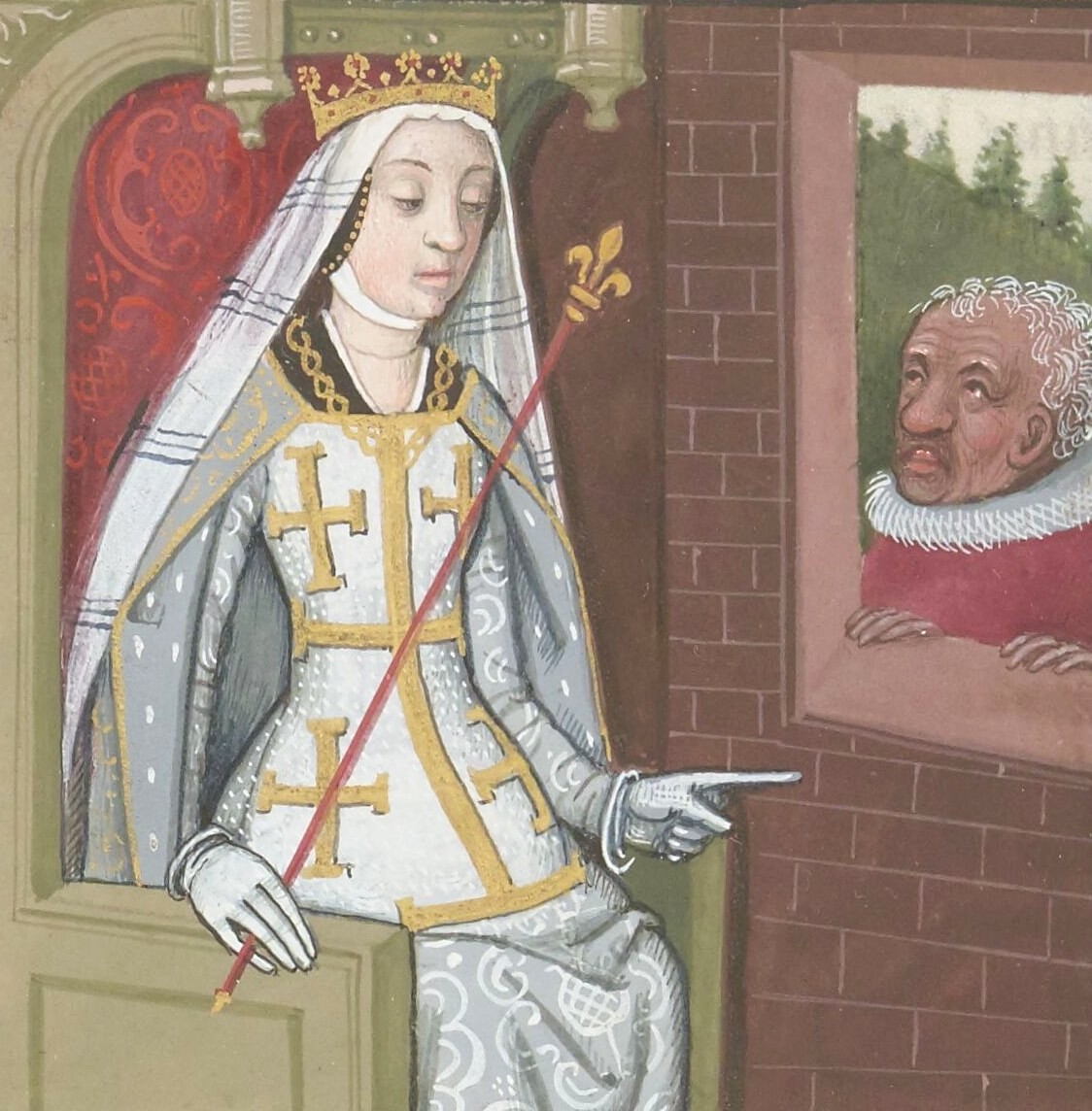Fig. 10 - Queen Joanna of Naples. Boccaccio, Des cleres et nobles femmes, 1488-1496, Paris, BnF, fr. 599, f. 93v, © Bibliothèque nationale de France.